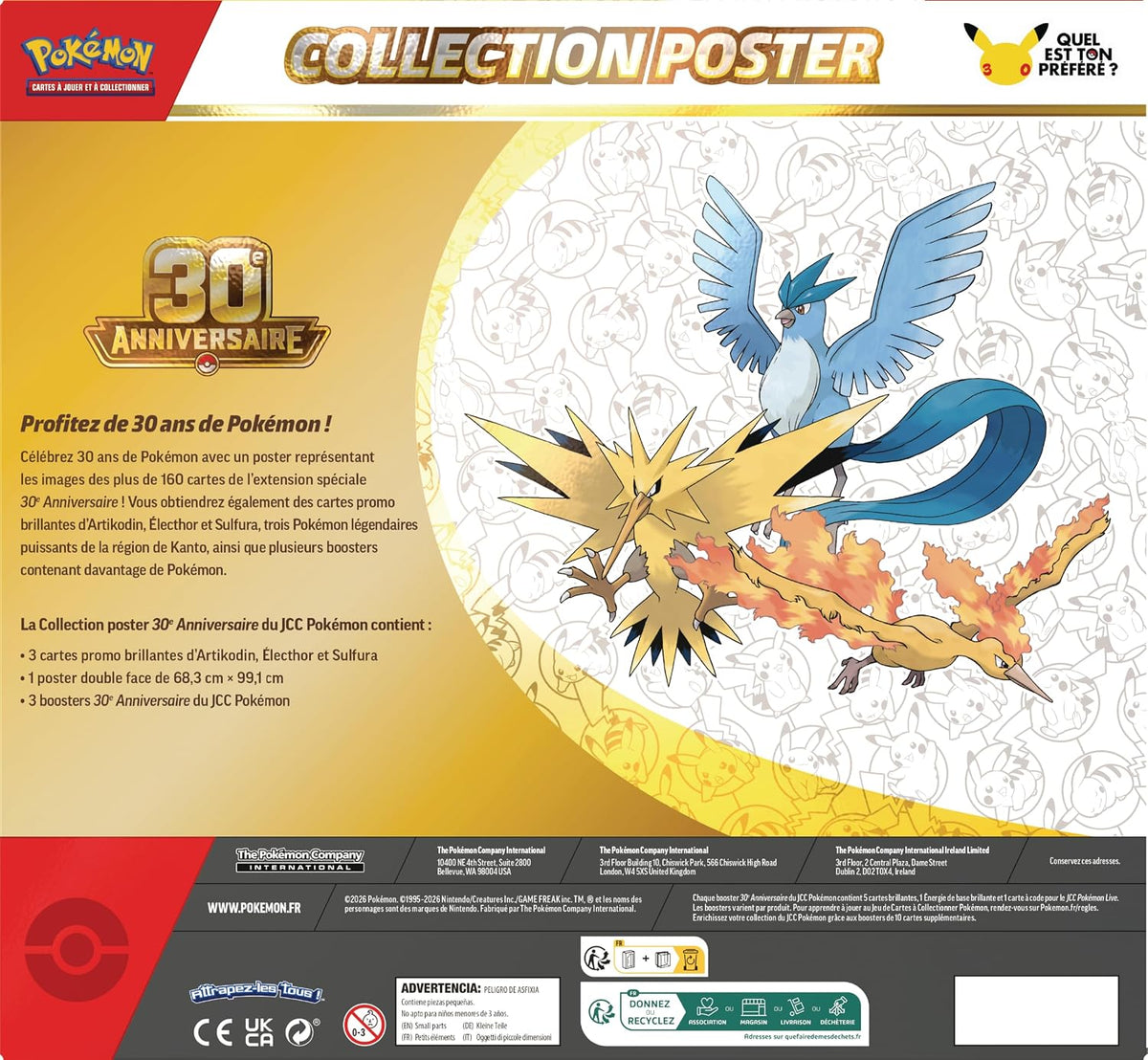 Collection Poster Pokémon 30ᵉ Anniversaire – Artikodin, Électhor & Sulfura – FR