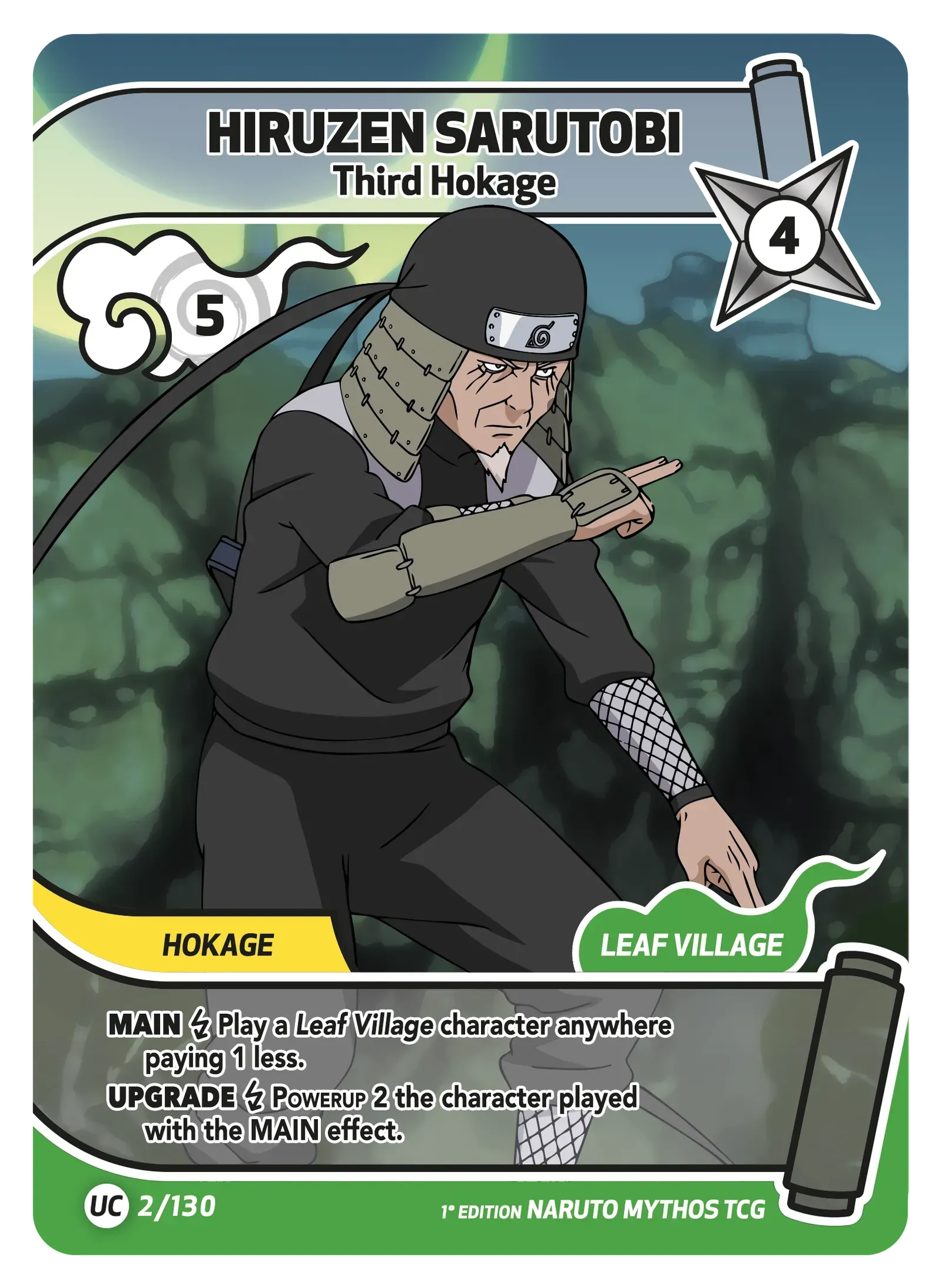 Naruto Mythos TCG – Hiruzen Sarutobi — Third Hokage – KS-002 – Unco / Peu commune – Konoha Shidō Série 1