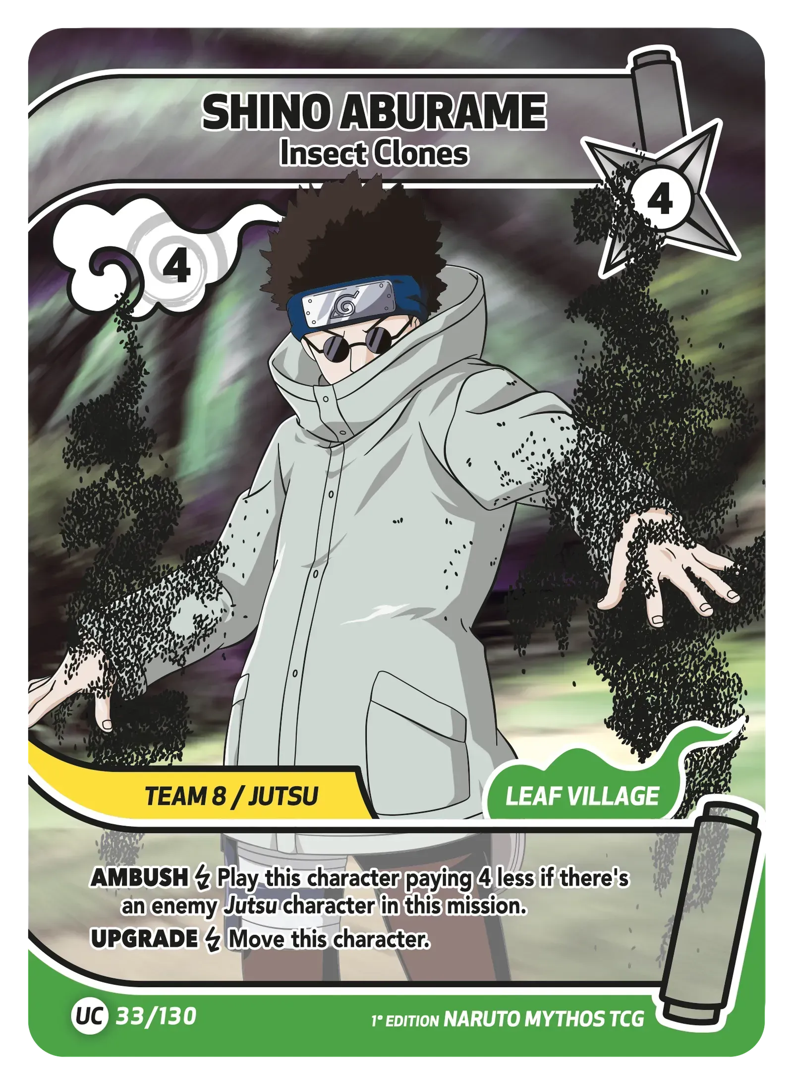 Shino Aburame — Des Clones Faits d'Insectes – KS-033 – Naruto Mythos TCG Konoha Shidō Chapitre 1 FR