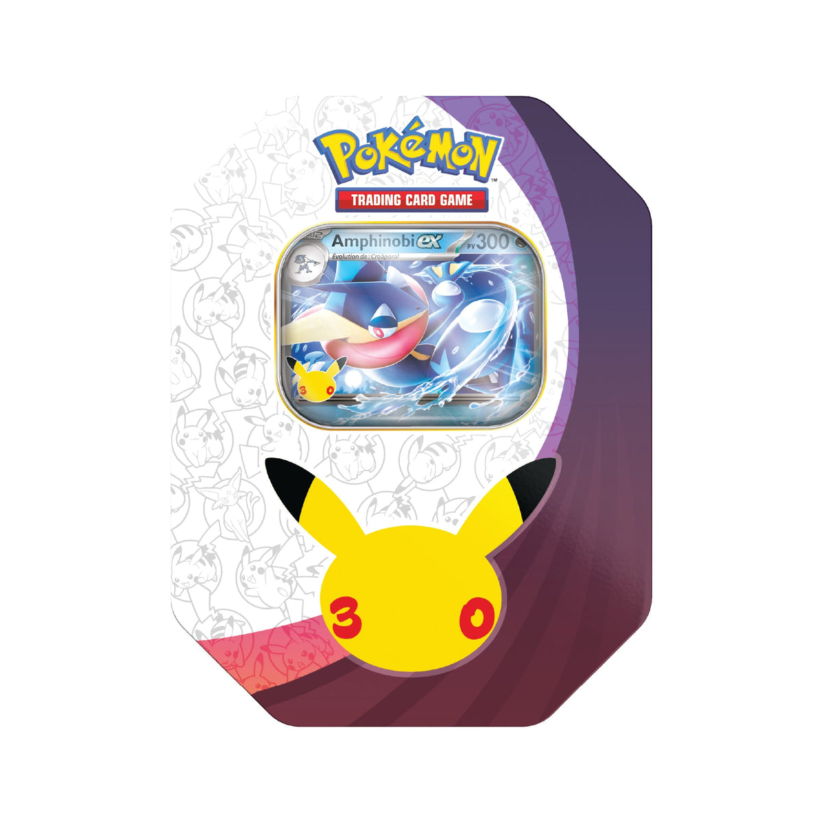 Pokébox Pokémon 30e Anniversaire ME05.5 Amphinobi-ex, boîte métallique, photographie produit sur fond blanc, français