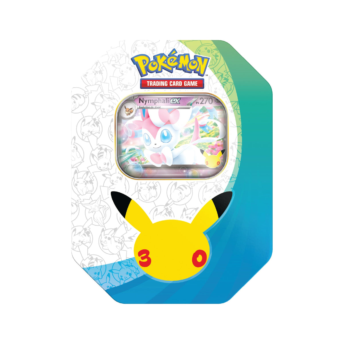 Pokébox Pokémon 30e Anniversaire ME05.5 Nymphali-ex, boîte métallique, photographie produit sur fond blanc, français